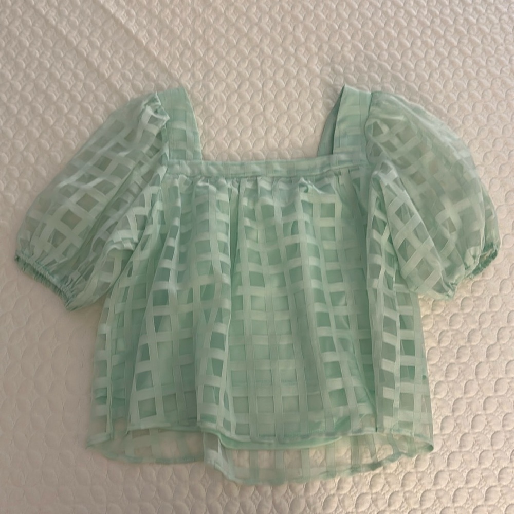 She + Sky Square-Check Puff Sleeve Top - Mint Green - Picture 2 of 2